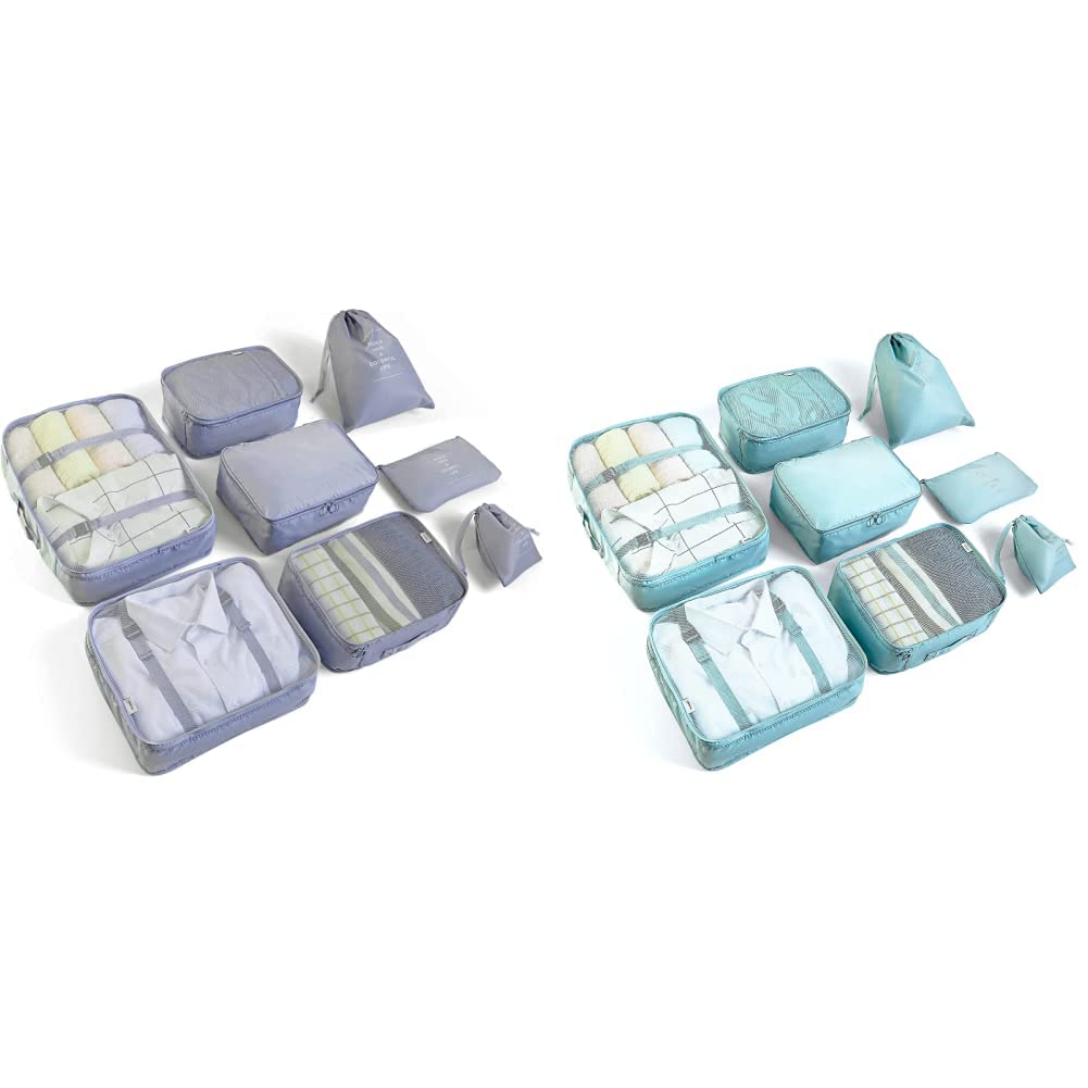 BillyBath Koffer Organizer set (8 teilig, Grau) & Organizer set, Packing Cubes Kleidertaschen Schuhbeutel Reiseorganizer Packwürfel Kosmetik Travel Organizer Packtaschen (8 teilig, Blaugrün)