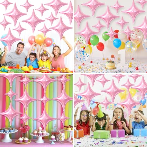 Image of Pink Star Balloons,12Pcs Four Angle Star Foil Balloons | 26Inch and 10Inch Light Pink Quadrangle Star Helium Balloon for Birthday Baby Shower Wedding Party Decorations