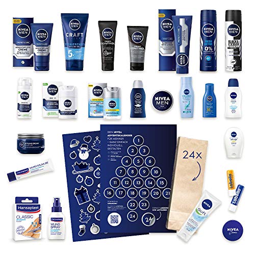 Preisvergleich Produktbild NIVEA DIY Adventskalender für Männer 2019, LIMITED EDITION, personalisiertes Geschenk zum Befüllen, inklusive 24 Produkte, 24 KOSTENLOSE Papiertüten und 2 Sticker Bögen - Warenwert 67 EUR