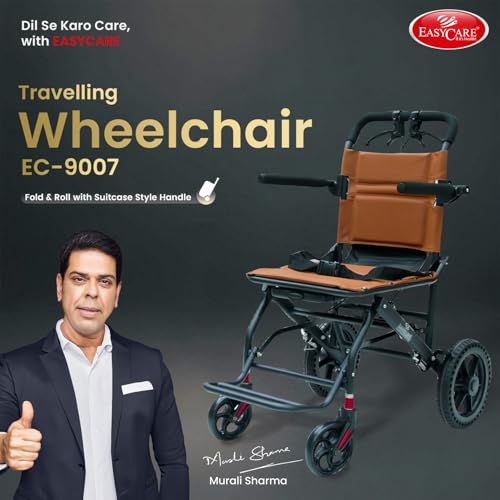 Image of EASYCARE - Portable, Metal, with Attendant Break, feature Safety Belt, Back Pocket and Carry Bag, Easy for Mobility Travelling Wheelchair (With Handle)