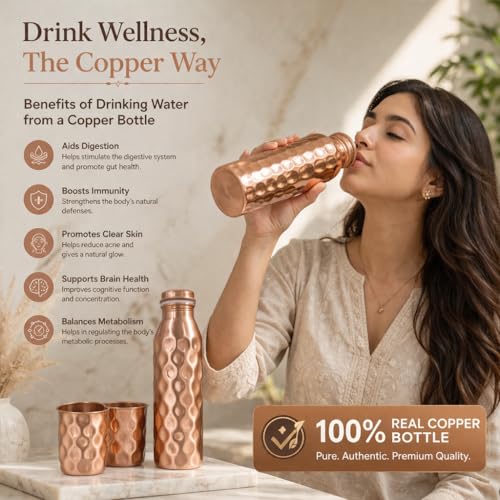 Image of JAIPUR ACE Hammered Pure Copper Water Bottle with Glass Set | 100% Copper Bottle Set | Leak Proof, Ayurvedic Health Benefits, Premium Design Gift Set for Home, Office, Gifting (Hammered Print)