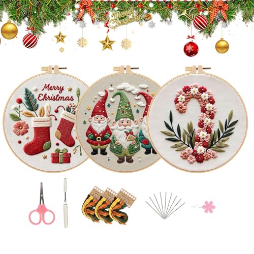 Genérico Kits de Bordado Navideño,3 Piezas Set De Manualidades Invernales Con Bastidor Y Agujas | Kit de Bordado de Punto de Cruz | Para Mujeres, Madres, Adolescentes, Novia, Familia Y Amigos