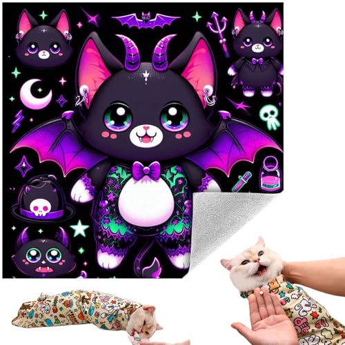 Cat Grooming Wrap, Self-Adherent Soft Cat Blanket to Wrap, Nail Clipping, Anti-Bite, Anti-Scratch, Anti-Escape Calming Wrap (Halloween, 10-13 lbs)