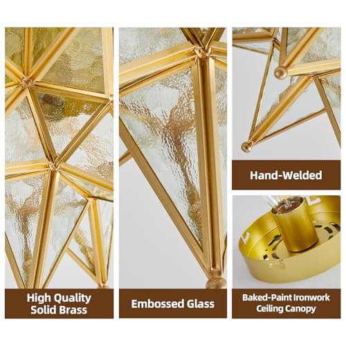Image of Moravian Star Ceiling Light - 12.7 inch Brass & Hammered Clear Glass, Gold