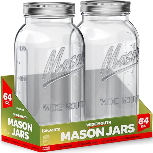 SEWANTA Wide Mouth Mason Jars 64 oz [2 Pack] With Mason Jar Lids and Bands Mason Jars 64 oz - For Canning Fermenting Pickling - Jar Decor - Microwave/Freeze/Dishwasher Safe.