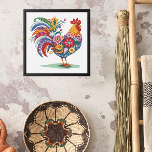 Image of FREEBLOSS 11CT Stamped Cross Stitch Kit for Adults Beginners with Instructions Chicken and Flower Pattern Cross Stitch Kit Embroidery Wall Art Decoration No Frame 17x17in /45x45cm
