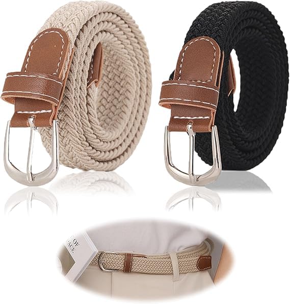 Women's Belts,Womens Stretch Canvas Braided Belt,Womens Belt Casual Braided,Slender Canvas Belt,Ladies Belts for Jeans,Elastic Fabric Woven Stretch Elasticated Belts,2 cm Wide,One Size(2 pcs)