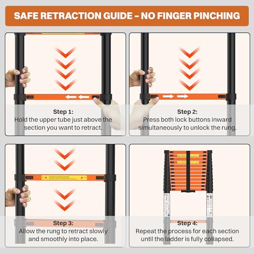 Image of BonKaso Telescopic Ladder, 3.8m / 12.5Ft, 13 Steps - Heavy-Duty Foldable Alloy Steel Ladder | Anti-Slip, 150kg Load Capacity, Rustproof & EN131 Certified - Matt Black & Orange