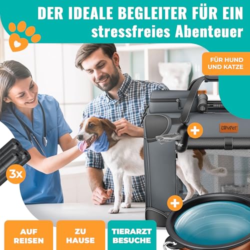LOVPET® Transportbox Hund Katze Transporttasche XXL 92x64x64cm | Hunde-Tragetasche Faltbare Katzentasche | Haustier-Transportbox inkl. Hundenapf & Schultergurt | für Katzen & Hunde Anthrazit