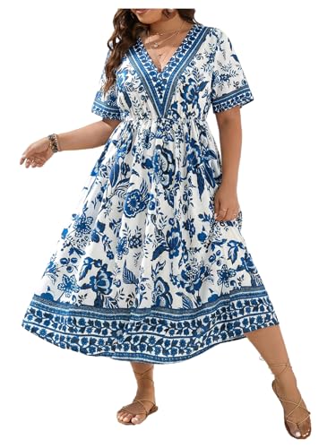 Image of Floerns Women's Plus Size Boho Hawaiian Tropical Dresses V Neck Short Sleeve Floral A Line Long Dress Vacation Beach Outfits