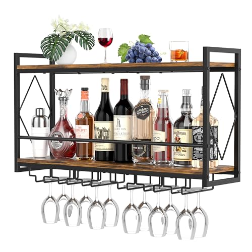 Nidouillet 2 Tier Wall Mounted Wine Rack with LED Light,31.5" Metal Bar Liquor Shelves with Glass Holder Industrial Wall Mounted Wine Rack for Kitchen Home Bar Dining Room Living Room
