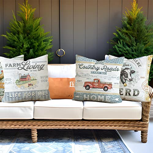 Vintage Farmhouse Animal Pillow Covers 18X18 Set Of 4 Retro Farmer's Market Truck Rooster Sheep Feed Seed Premium Poultry Farm Home Décor Throw Pillow Case Cushion Cover For Sofa (18" X 18") #TOP2