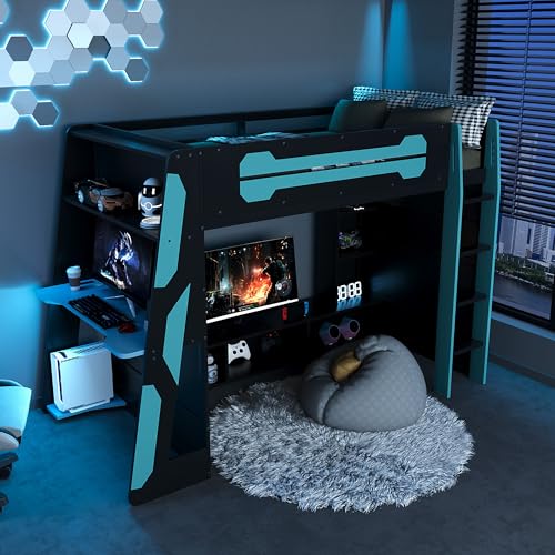 Image of Harper & Bright Designs Twin Size Wood Loft Bed with Desk and Multi-Storage Shelves, Wooden Gaming Loft Bed Frame with RGB Light, Space-Saving Bed with Safety Guardrail, Blue
