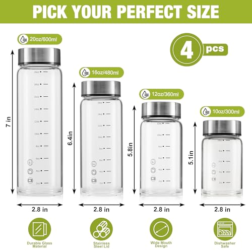 Qumuauu 16oz Glass Juice Bottles – 4 Pack Reusable Wide Mouth Bottles with Stainless Steel Lids & Cleaning Brush, BPA-Free Water Bottles for Juicing, Smoothies, Milk, and Protein (480ml)