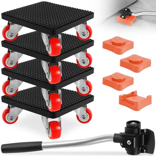 Kit Leve Meuble avec Barre Extension & 4 Blocs Levage, Planche Roulette Demenagement Charge Lourde, Souleve Patins Meubles Deplace Roues Rotative 360° pour...