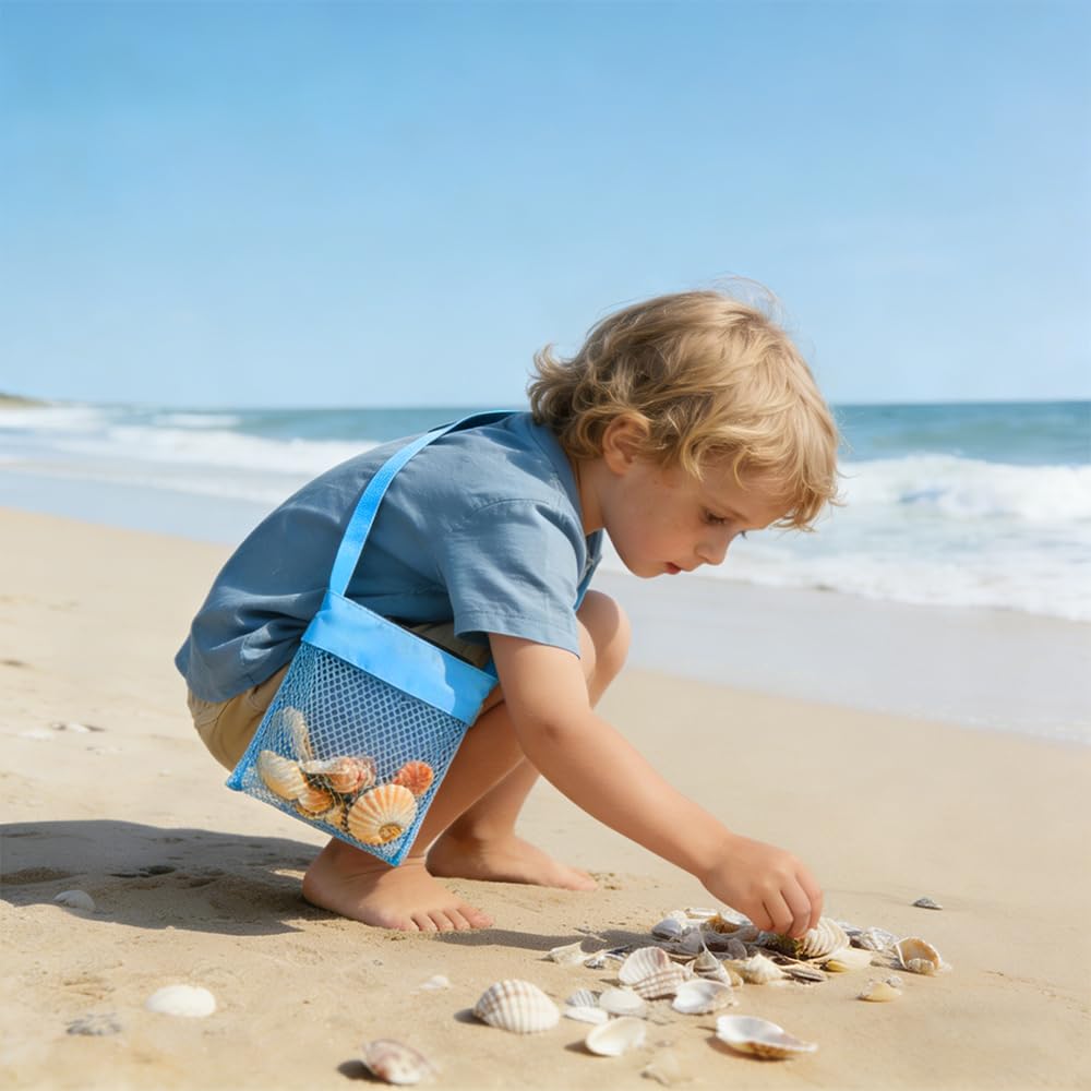 Bolsa Juguetes Playa Malla, 5 PCS Bandolera Bolsa Playa Niños, Beach Toy Bag, Ajustable Bolsa Playa Niños, para Guardar Juguetes y Conchas Marinas