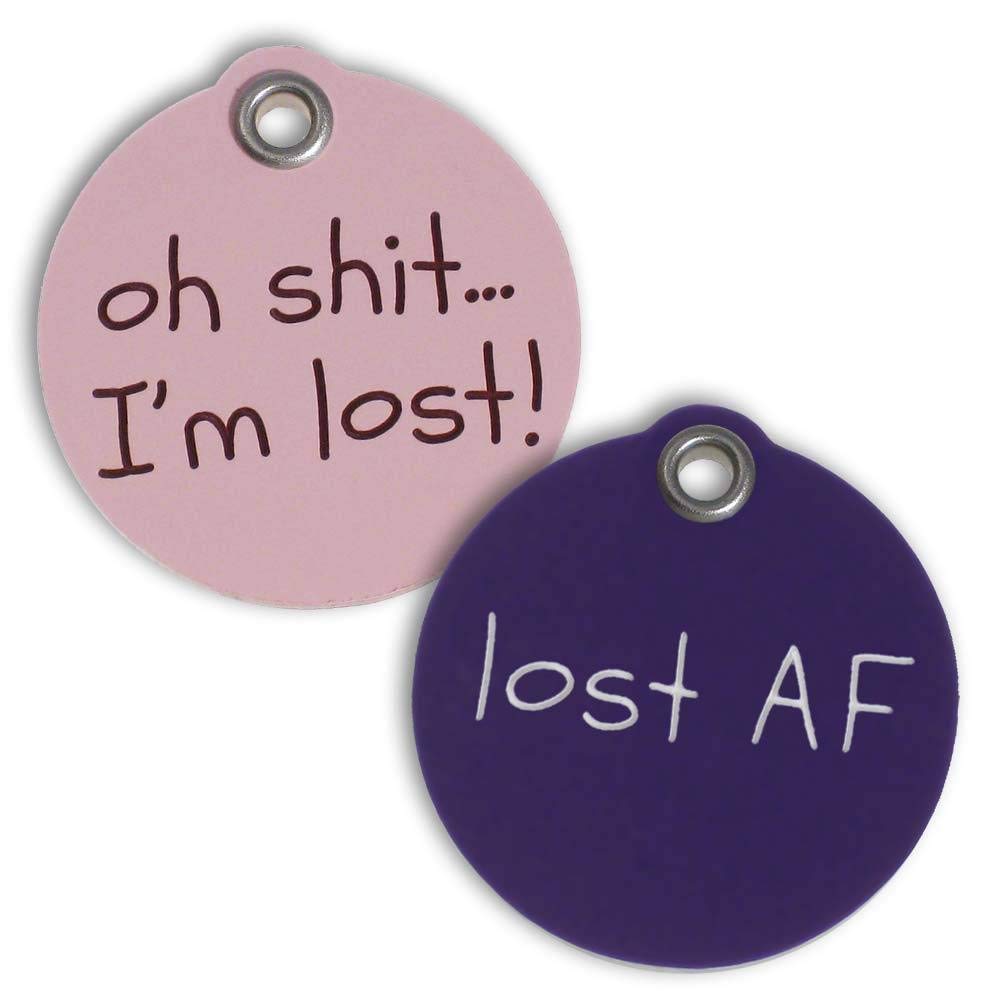 LuckyPet Pet ID Tag - Funny Dog & Cat Tag: Lost AF on Front & Your Personalized Info Engraved on Back - Durable Plastic Tag - Size: Small, Color: Purple