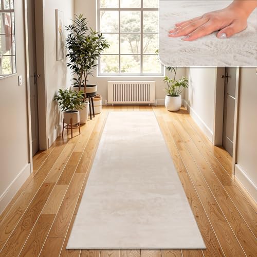 TT Home Shaggy Tapis Haut Poil Peluche Unis Modern, Couleur: Crème, Dimension:60x90 cm