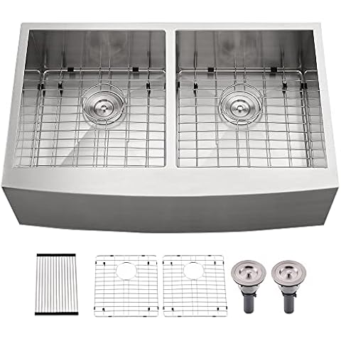 33 Inch Double Bowl Farmhouse Stainless Steel Sink-Bokaiya 33x21 Stainless Steel Double Bowl Kitchen Farmhouse Apron Front Sink 16 Gauge Deep Farm Style 50/50 Double Bowl Farmhouse Sink Cover
