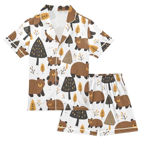 ALAZA Cute Bear Pine Tree Pajamas Satin Pajama Set Short Sleeve Button Down Sleepwear