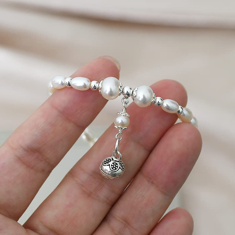 Braccialetto di Campana di Perle d'Acqua Dolce Naturale con Corda Elastica, Gioielli di Moda da Donna
