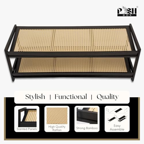 Posh Box RSR_2B 2 Tier Shoe Rack For Entryway, Bamboo Shoe Storage Shelves, Shoe Organizer With Sturdy Wood And Rattan Holds Up To 8 Pairs, Free Standing Luxury Shoe Rack thumb #2