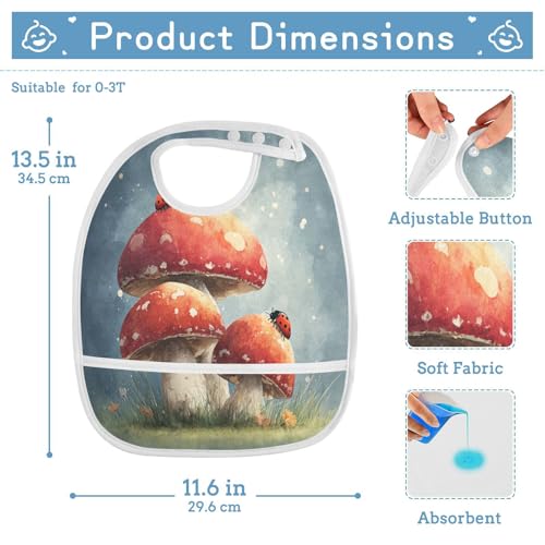 Mushroom Teal Baby Bibs for Infant Boy Girl Waterproof Feeding Bib Apron with Food Cather Adjustable Cotton Food Eating Bib 2 Pack2