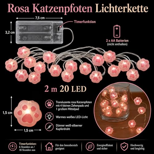 2M 20 Led Katzenpfoten Lichterkette mit Timer, Batteriebetrieben, Katzenpfote Lichterketten, Warmweiß Lichterketten Katze Deko für Kinderzimmer, Babyzimmerdeko, Partysdeko, Außen Und Innen – Bild 2