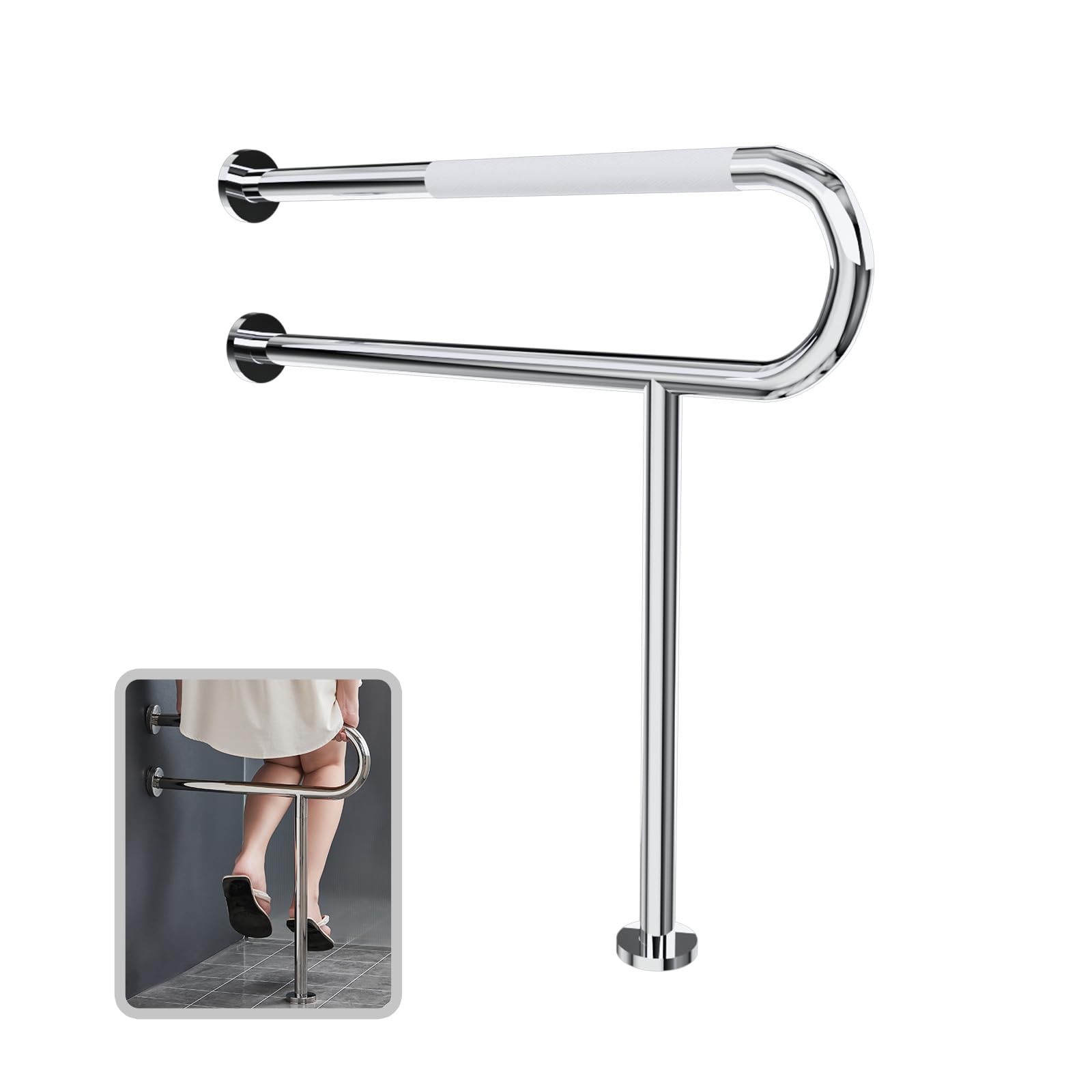 BVTOURA 31.5" x 27.5" Floor to Wall Toilet Support Rail with Leg, Anti-Slip Chrome Handicap Grab Bar for Bathroom, Stainless Steel Knurled Safety