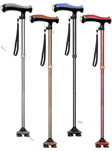 Miniatura 3 de Bastón plegable con luz LED, altura ajustable, bastón ligero para ancianos, para hombres y mujeres, base cuádruple giratoria (color rojo)