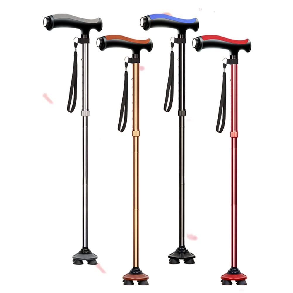 Bastón Plegable con Luz LED, Regulable en Altura, Bastón Cuádruple Ligero para Hombres y Mujeres (Color : Plata)