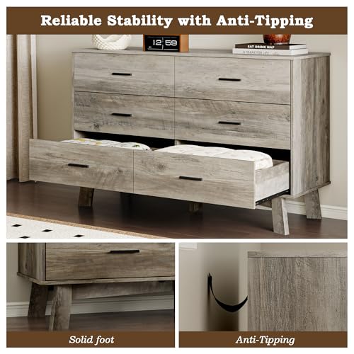 Image of BORNOON Dresser for Bedroom with 6-Drawer, 47.2 inch Modern Chest of Drawers with Metal Handles, X-Shape Base & Adjustable Center Leg, Anti-Tip Closet Organizers and Storage