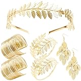 7 Pieces Grecian Goddess Costume Accessories Set Golden Laurel Leaf Crown Headband Upper Arm cuff Armband Coil Bracelet Dangle Earring Wedding Toga Cosplay Party Jewelry for Women (Classic)