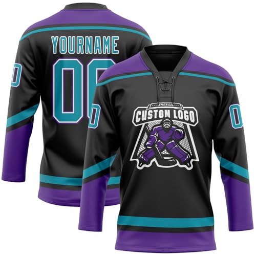 Design Blank Hockey Jerseys for Men Women Youth, Black Purple Teal Hockey Practice Uniforms Custom, Personalized Lace-up Neck Long Sleeve Ice Hockey Sports Fan Shirts Printed Stitched Team Name Number