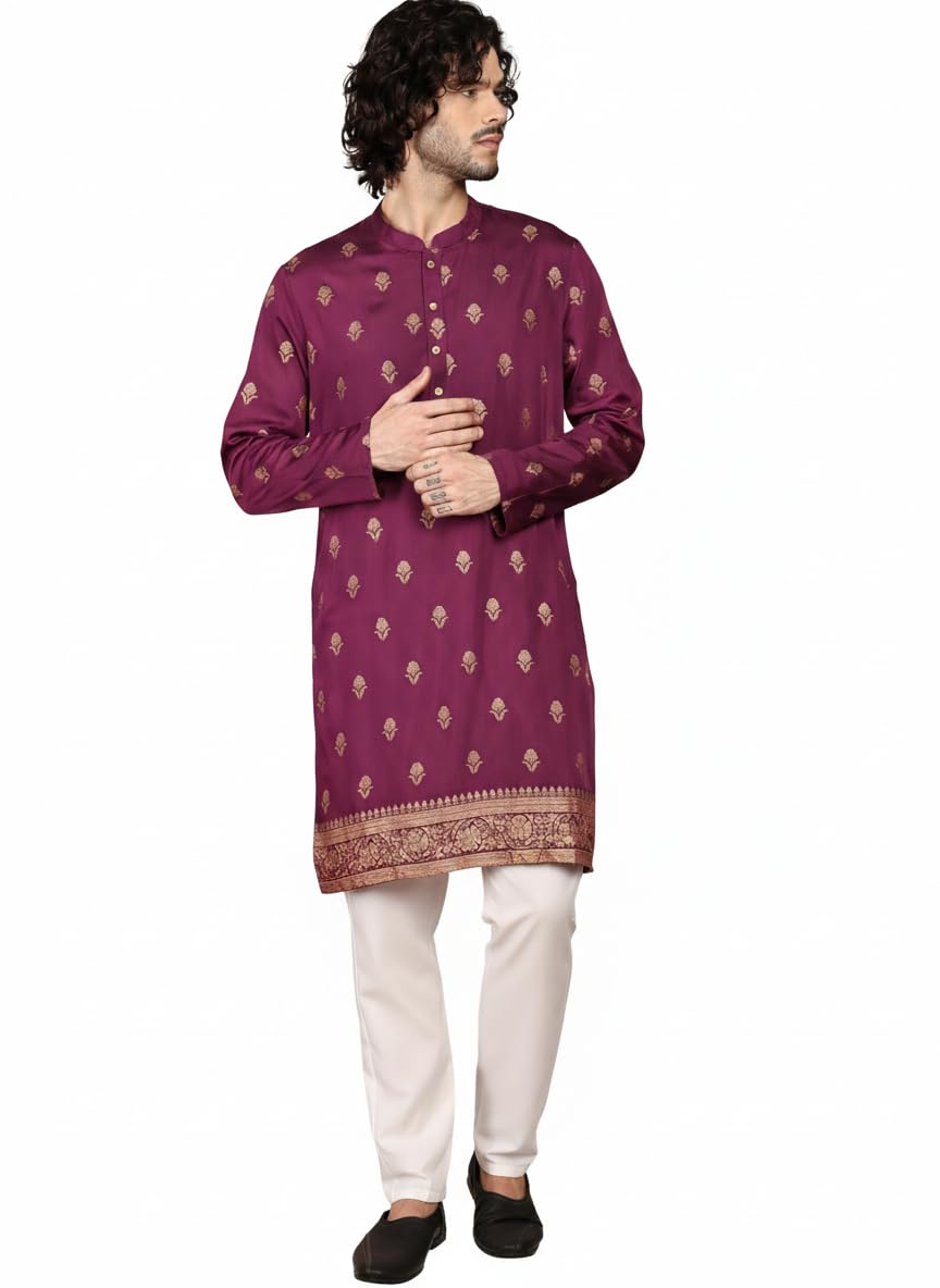 amazon brand - tavasya Imperial Purple Men's Elegant Golden Buti Printed Pattern Kurta (HOPMK487_XL)-picture-44