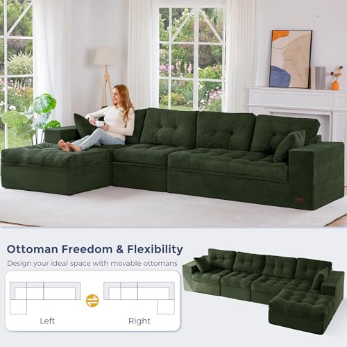 Image of MAXYOYO 132 inch L Shaped Modular Sectional Sofa with Ottoman, Cloud Boneless Couch with Layered Cushion, Upholstered Sofa in a Box, Flexible Module Combination for Living Room, No Assembly, Dark Green