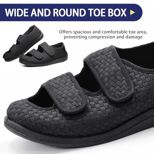Women Men Open Toe Diabetic Sandals Wide Width, Adjustable Arthritis Edema Slippers for Elderly, Diabetic House Shoes for Swollen Feet, Black L054