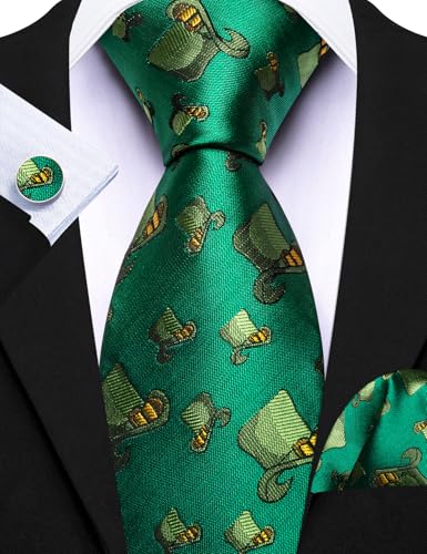 Image of Barry.Wang St. Patrick's Day Fun Animal Ties for Men Designer Handkerchief Cufflink WOVEN Casual Necktie Set Festival