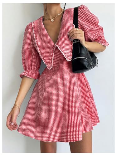 Floerns Women's Gingham Print V Neck A Line Dress Puff Sleeve Flare Hem Short Dresses2