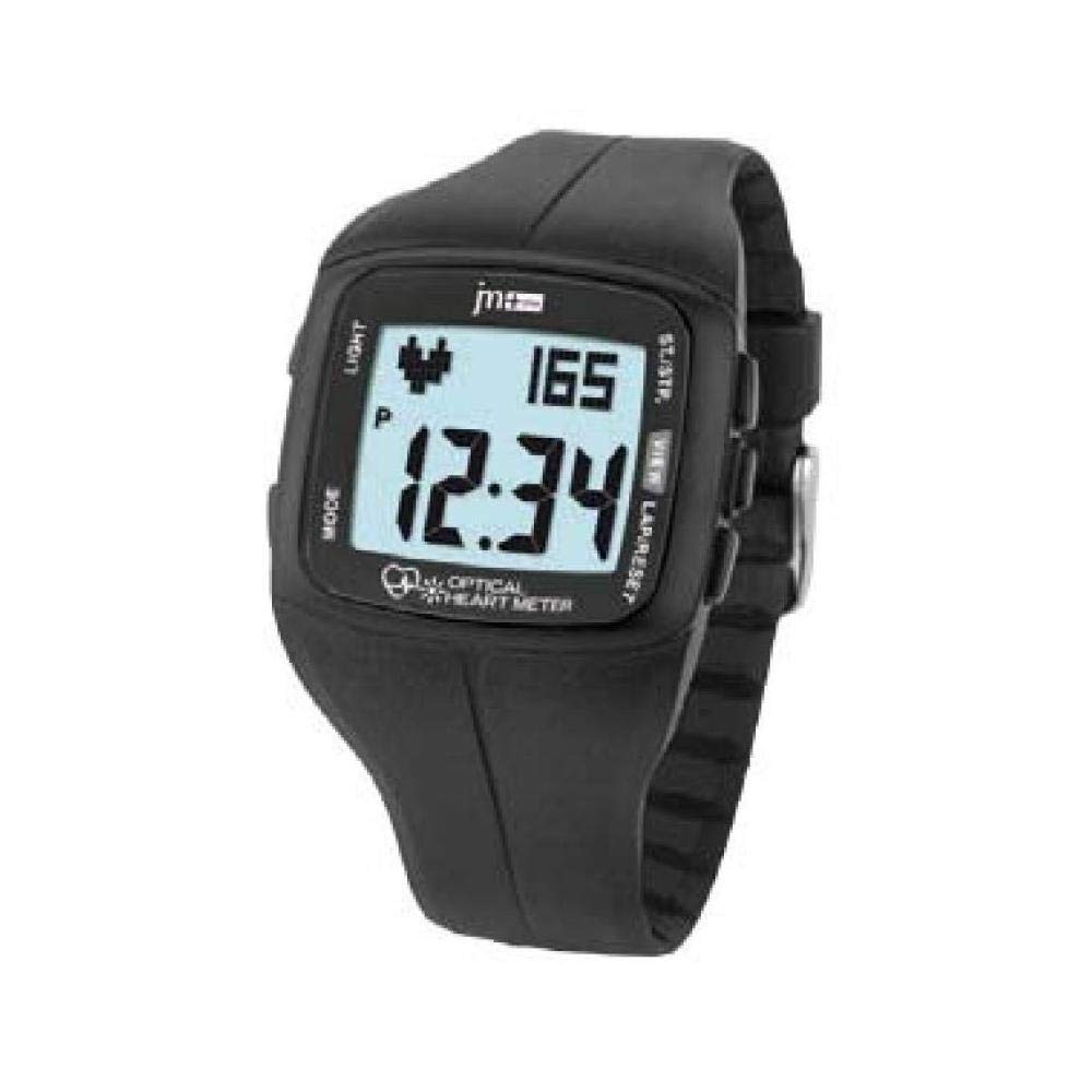 Lowell JM Plus PL3300 digital watch showing time 12:34, heart rate 165, and various button labels like LIGHT, MODE, ST./STP., VIEW LAP/RESET, and OPTICAL HEART METER.
