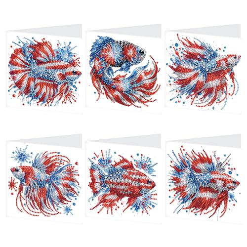 Image of 6-Piece 5D Diamond Art Greeting Card Kit with Envelopes, USA Independence Day Goldfish Design, DIY Special Shape Diamond Painting Greeting Cards for Adults, Handmade Card Craft Holiday Gift, 30x15cm
