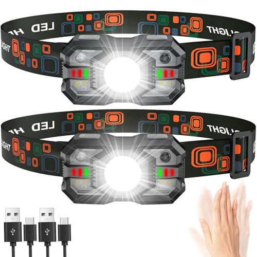 LED Rechargeable Head Torch, 2000LM, Waterproof, with Motion Sensor, 2 Pack