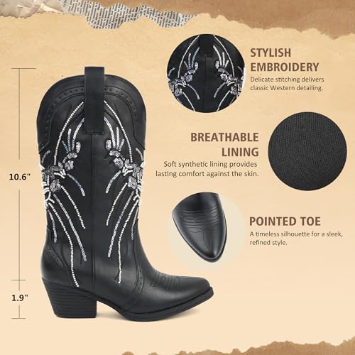 JABASIC Women's Mid Calf Western Cowboy Boots Pointed Toe Sequin Embroidered Chunky Heel Cowgirl Booties4