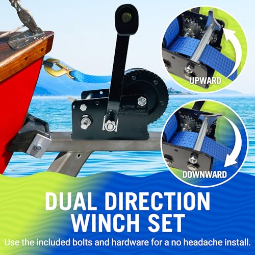 Image of Boat Trailer Winch with Strap and Hook, Manual Hand Crank Winch, Heavy Duty | One or Two Speed Ratchet Gear, for Pulling Boat Parts, Trailers, Car, or Truck Towing