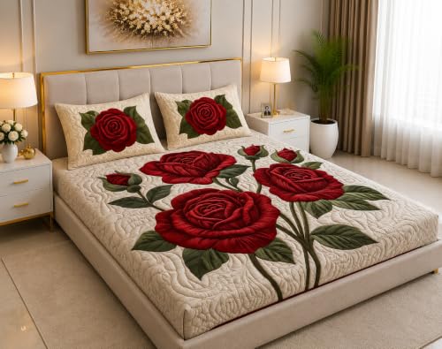 Image of 7D Digital Printed King Size Bedsheet | 240TC Premium Cotton Feel Microfiber with 2 Pillow Covers | Soft Breathable & Wrinkle Free Bedding Set | (RedRose, King Size-90x100 Inch)