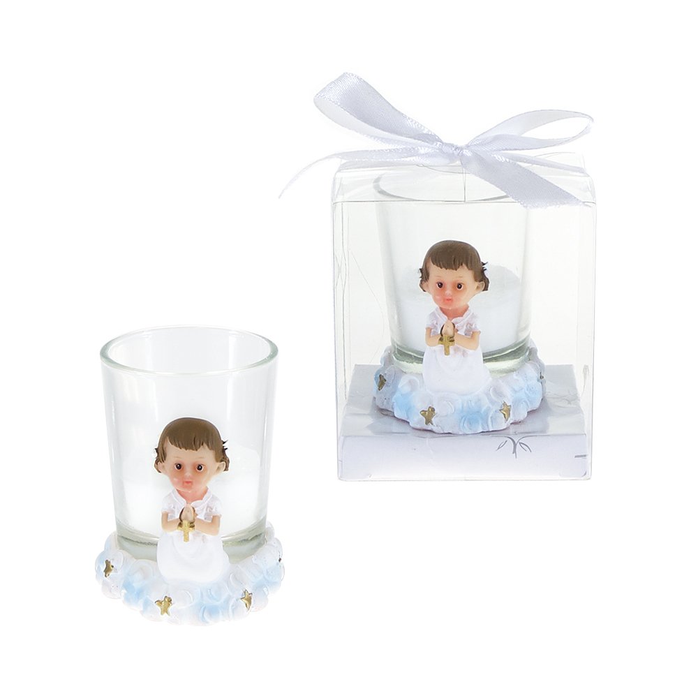 Lunaura Religious Keepsake - Set of 12 Girl Toddler in White Praying with Cross Votive Candle Set Favors - Pink