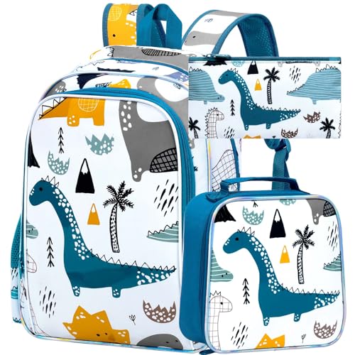 Image of CCJPX 3Pcs Dinosaur Backpack for Boys, 16 Inch Kids School Water Resistant Preschool Bookbags, Cool Toddler Kindergarten Backpacks with Lunch Box (White)