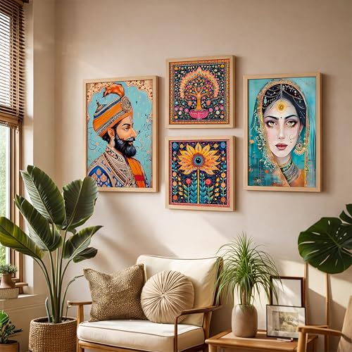 Image of NoWorries Traditional Indian Folk Art Wall Painting Frame Set of 4 | Decorative Wooden Wall Art Frames | Ethnic Home Decor Artwork for Living Room Bedroom Office Hallway