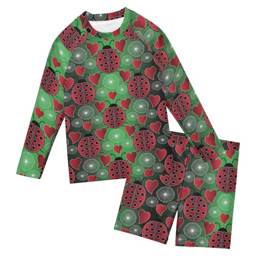 Aflyko Kids' Bathing Suit Set Ladybug Heart Red Green Long Sleeve Swim Tops with Shorts Summer Vacation Pool Party Rashguard Fun Cute Toddler Infant Beachwear, 4T