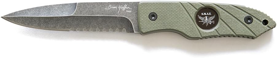 Hoffner Knives Hand Spear Fixed Blade Knife with Stonewash Finish 440C Stainless Steel Spear Point Partially Serrated 5-Inch Blade / Olive Flatline Handle with Compliance Surfaces and Matching Kydex Sheath, "Swat" Handle Art